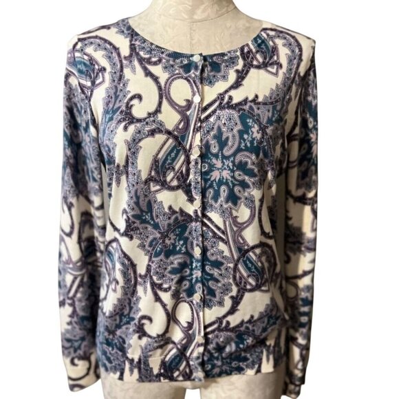Talbots Silk Blend Purple Teal Paisley Classic Crewneck Cardigan Sweater Size M - Picture 3 of 7